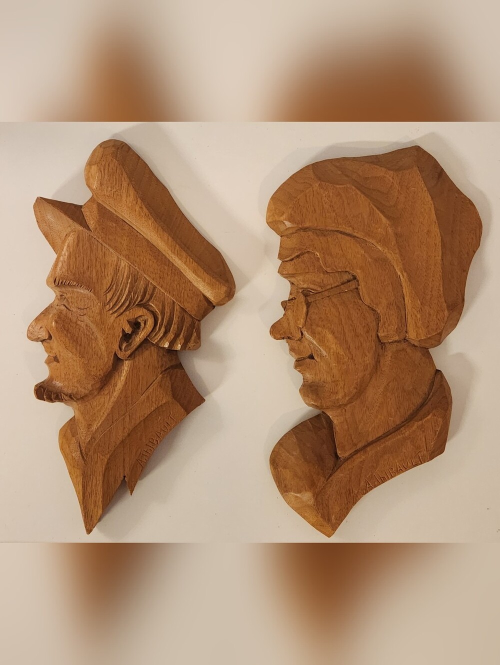 Vtg Pair Adalbert Thibault Hand Carved Wood Wall Plaques Quebec Folk Art 10"